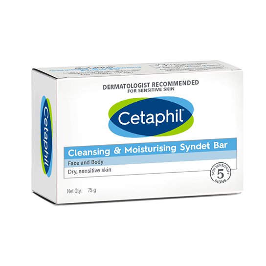Single pack of Cetaphil Cleansing & Moisturising Syndet Bar in a clean white box with blue and green branding