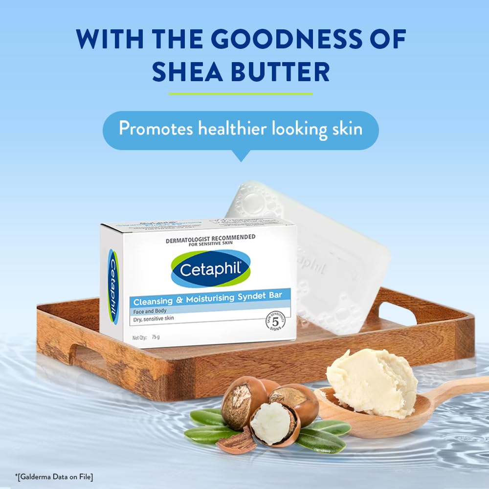Cetaphil Syndet Bar with Shea Butter placed on a wooden tray, indicating the natural moisturizing ingredients