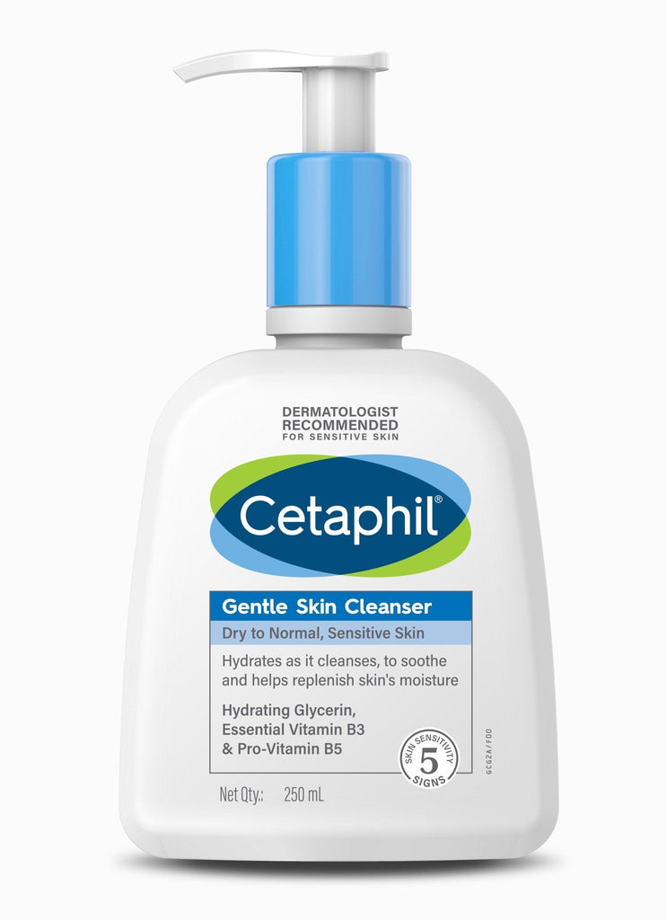 Cetaphil Gentle Skin Cleanser bottle with pump dispenser, dermatologist recommended for sensitive skin