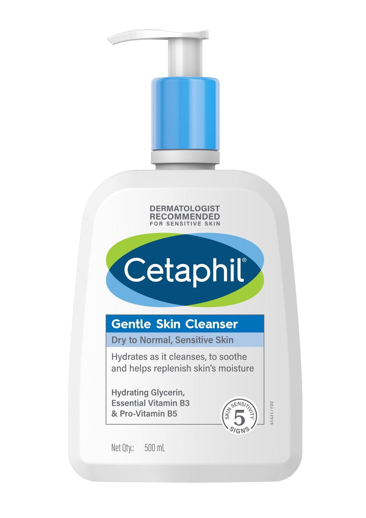 Cetaphil Gentle Skin Cleanser 500ml bottle with a pump, dermatologist recommended for sensitive skin.