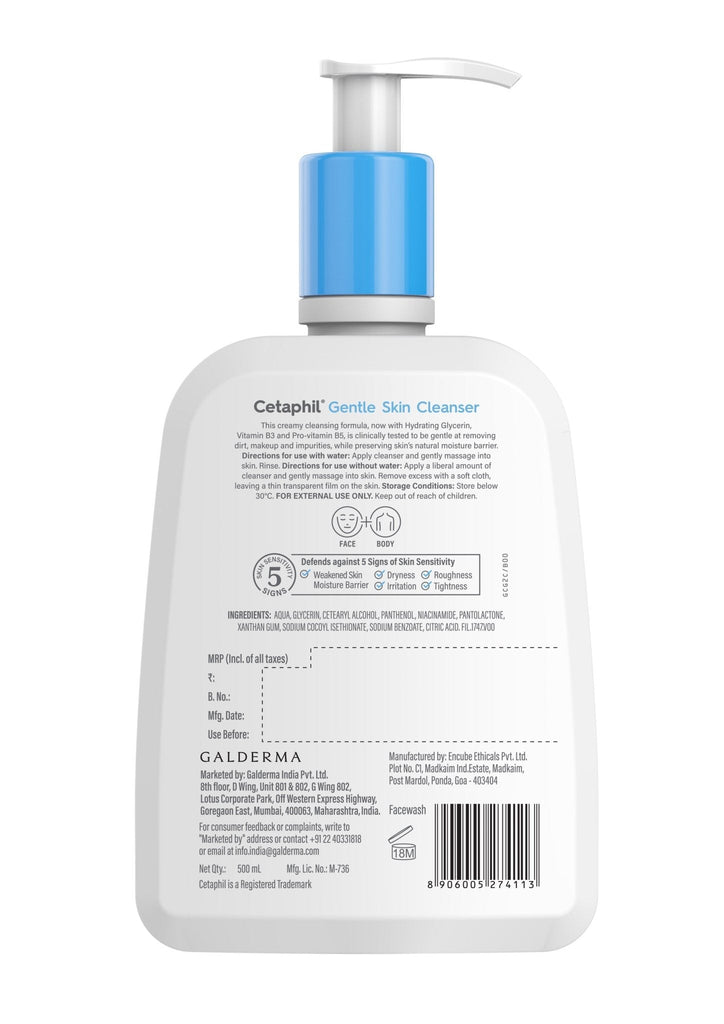 Back label showing Cetaphil Gentle Skin Cleanser 500ml ingredients and user instructions