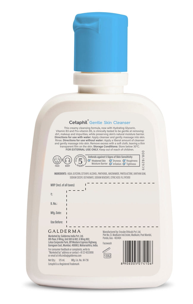 Back view of Cetaphil Gentle Skin Cleanser 125ml with detailed product information