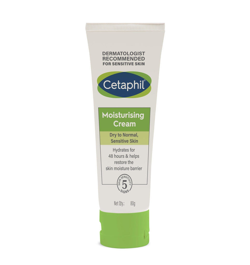 Front view of Cetaphil Moisturising Cream 80g tube, dermatologist recommended for sensitive skin.