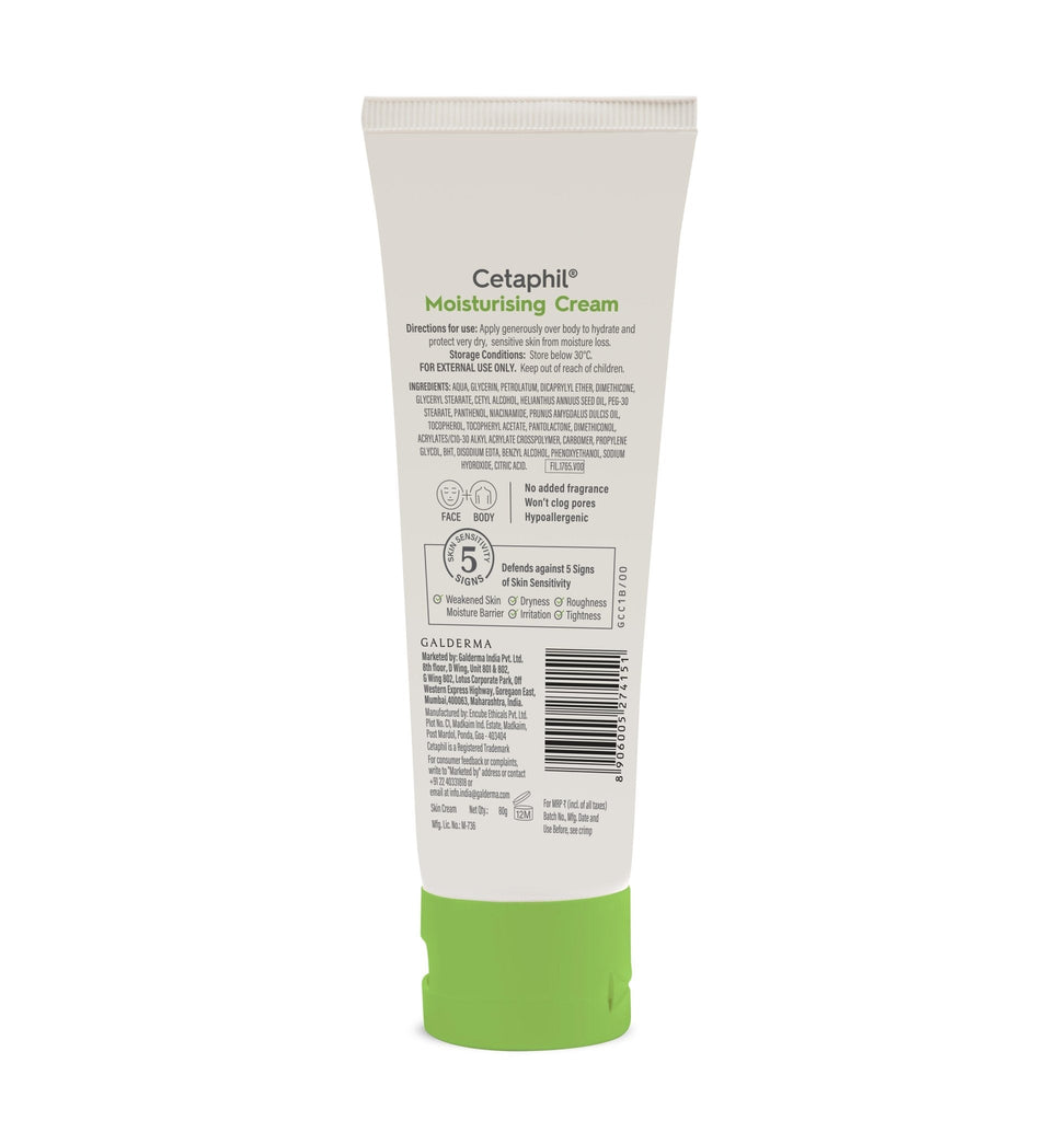 Tube label details of Cetaphil Moisturising Cream for face and body, 80g.