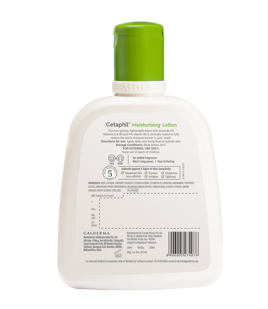 Back label of Cetaphil Moisturizing Lotion 250ml detailing ingredients and user guide.