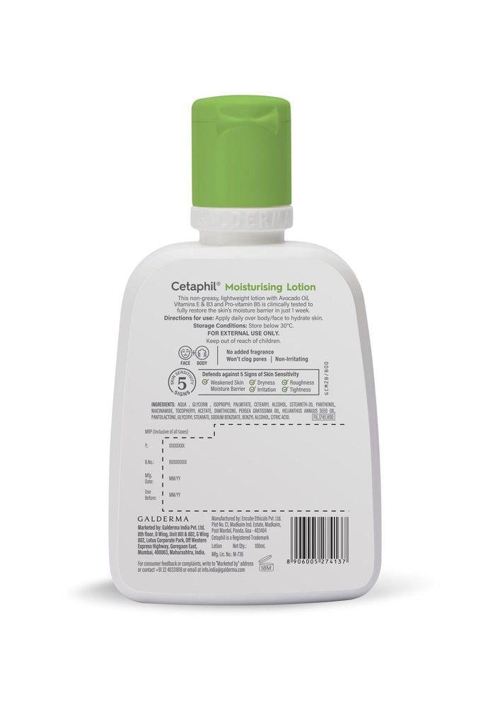 Back view of Cetaphil Moisturizing Lotion 100ml bottle showing product information.