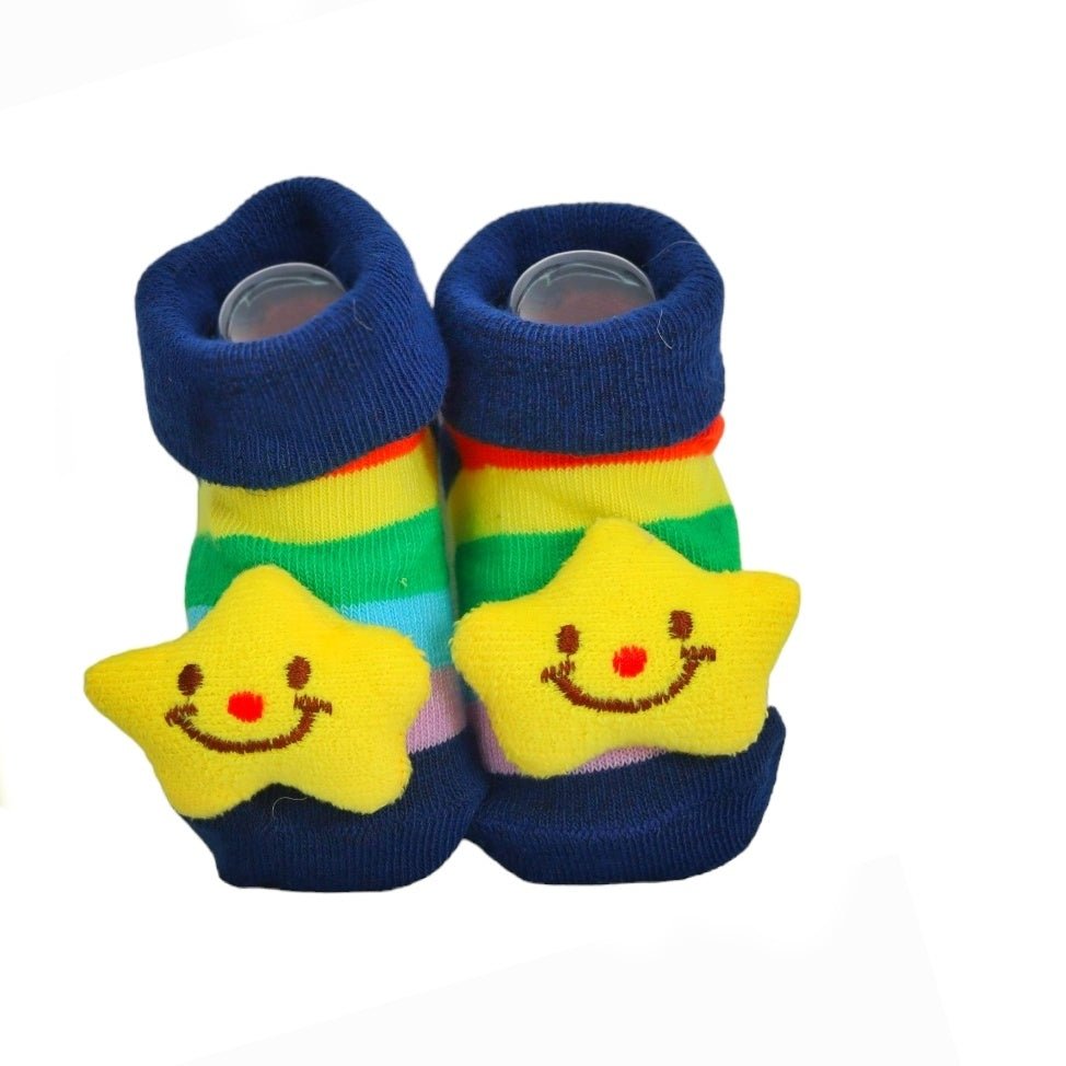 Bright and cheerful football-themed baby socks with a smiley face.