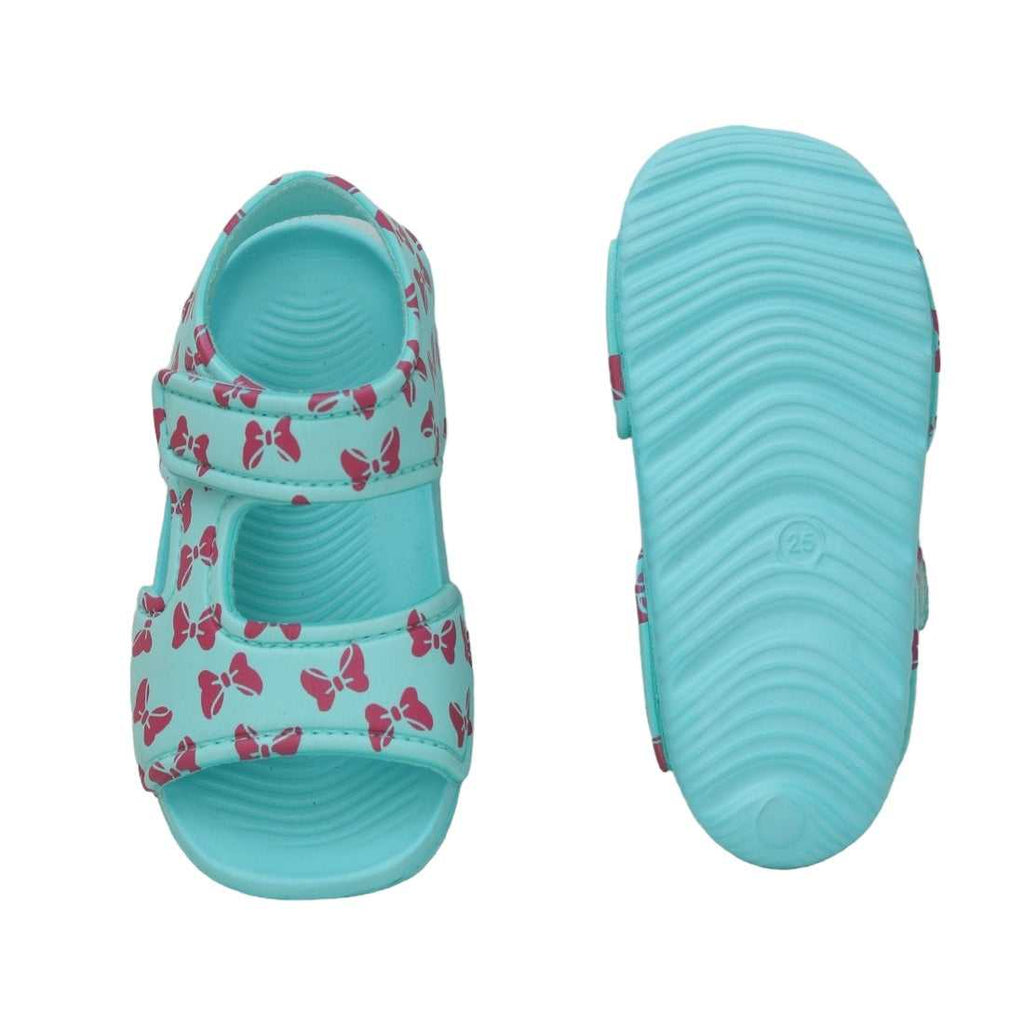 Pair of aqua kids sandals with bow print, top and bottom view