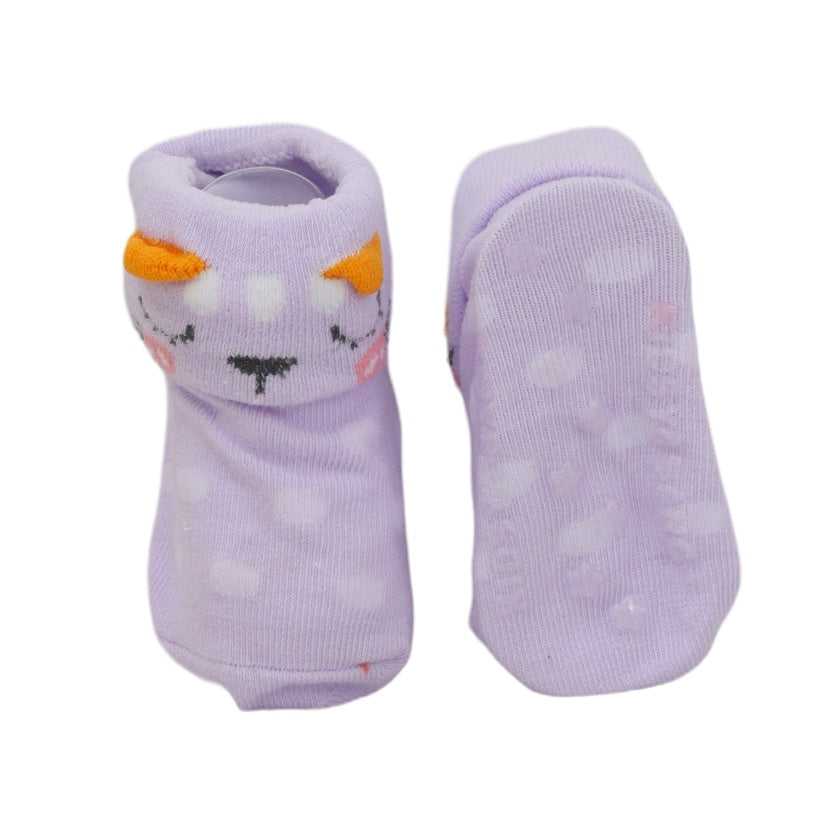 Single Yellow Bee anti-skid sock with purple animal design, providing a close-up of the soft texture and cute details