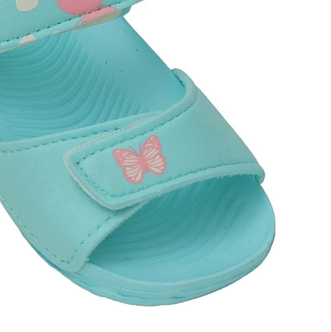 Close-up of the butterfly detail on the Aqua Butterfly Print Toddler Sandals.