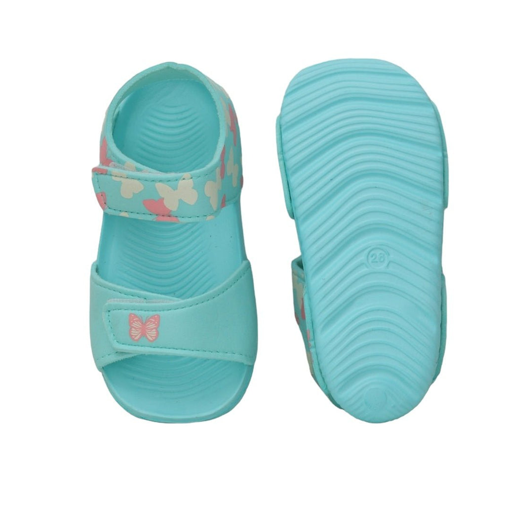 Bottom view of Aqua Sandals with non-slip sole and butterfly accents