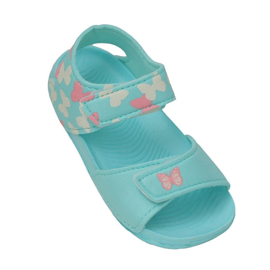 Side view of Aqua Toddler Sandals with butterfly patterns and secure strap