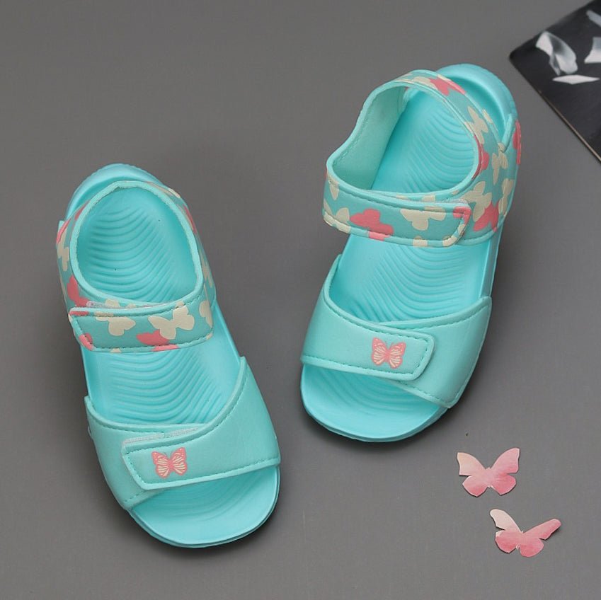 Aqua Butterfly Print Sandals with adjustable straps for toddlers.