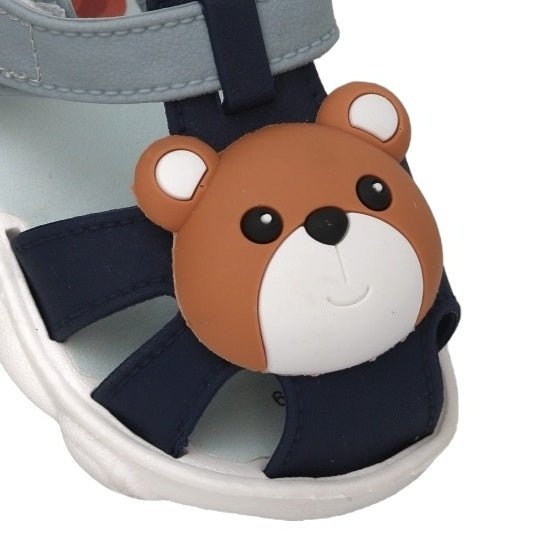 Close-up of Bear Face Detail on Charming Cub Nautical Blue Sandals