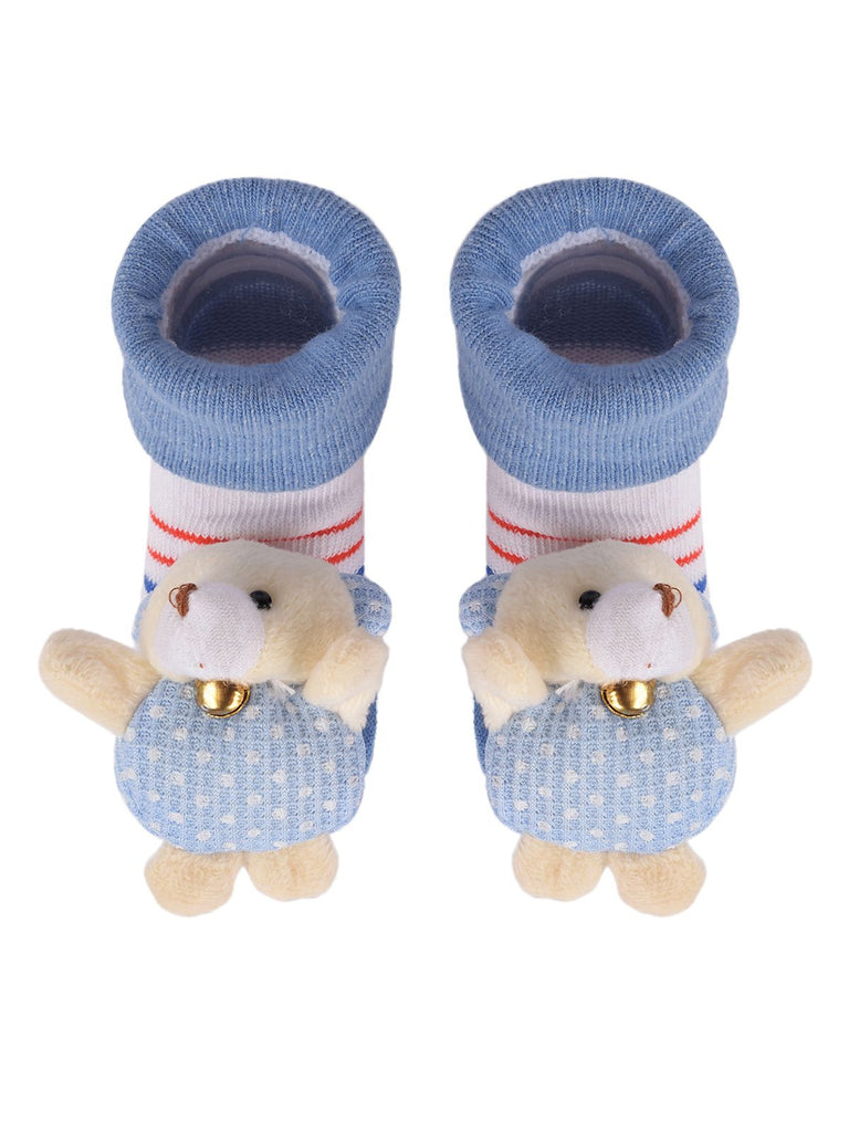 Baby's blue bear-stuffed toy socks with anti-slip soles, top view