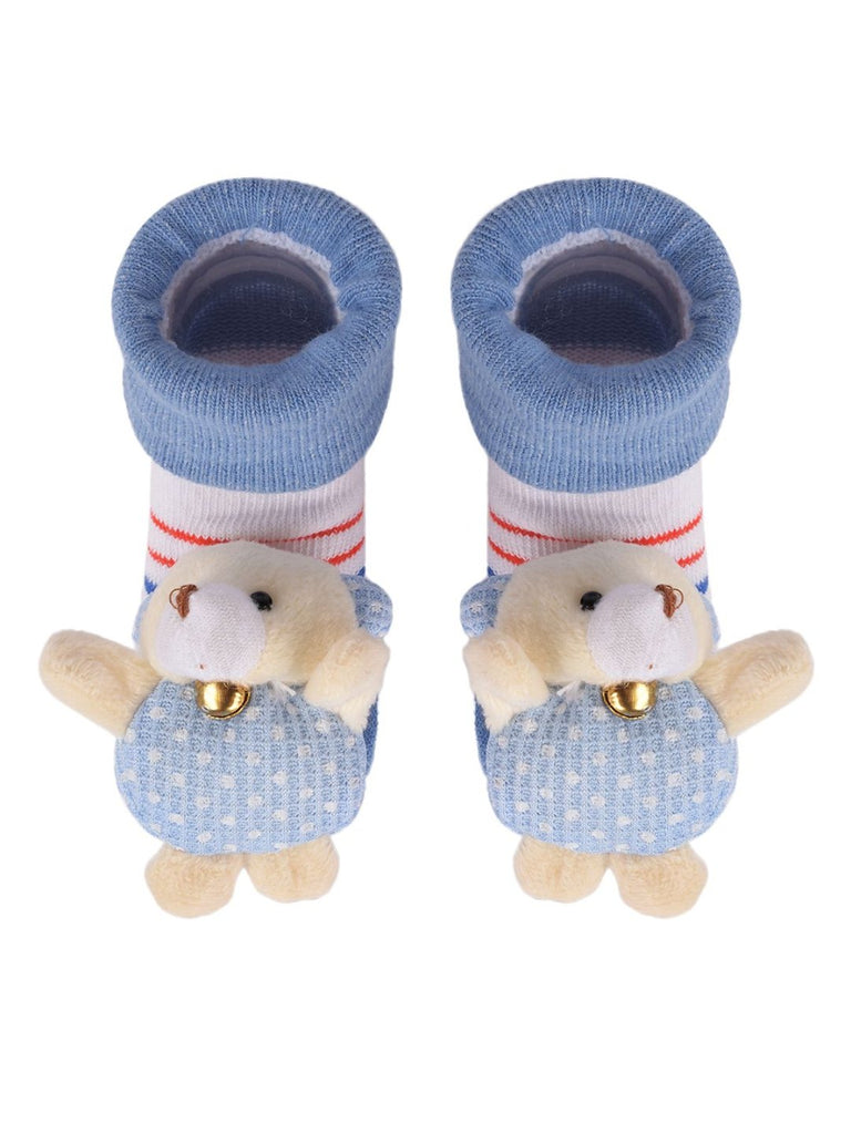 Baby's blue bear-stuffed toy socks with anti-slip soles, top view