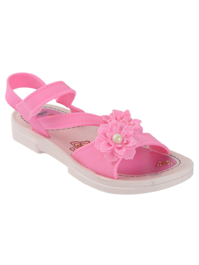 Side view of a pink toddler sandal with floral decoration and comfortable strap