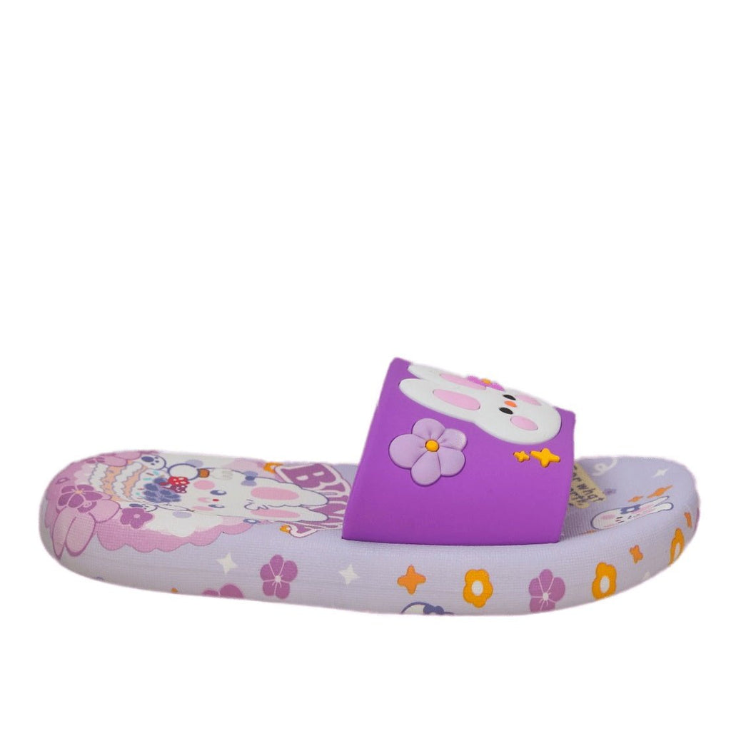 Side view of Purple Bunny Applique Slides showcasing the thick sole