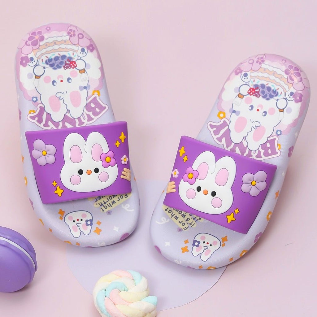 Top view of Purple Bunny Applique Slides with Floral Patterns