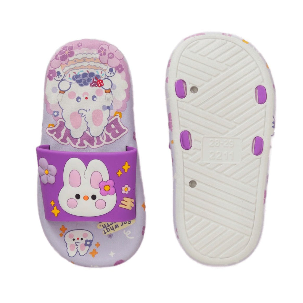 Bottom view of Purple Bunny Applique Slides displaying sole pattern
