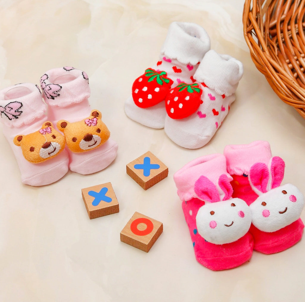 Pink Bunny and Bear Socks Set for Baby Girls with Playful Tic-Tac-Toe Blocks