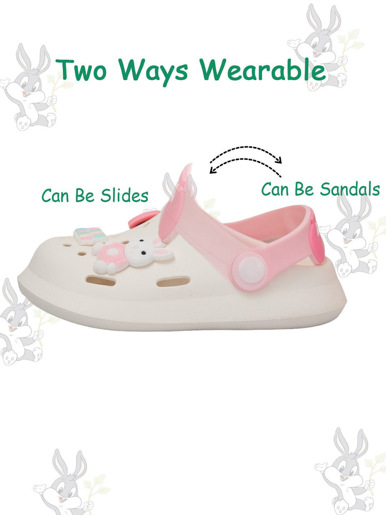 Convertible bunny clogs for toddlers showing sandal and slide modes