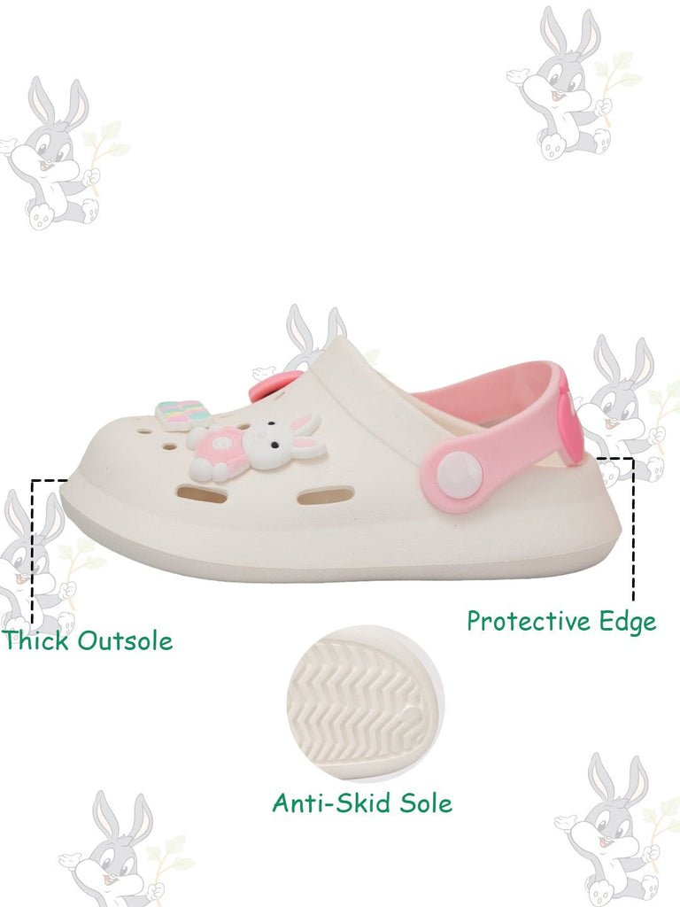 Close-up of the anti-skid sole on bunny motif toddler clogs