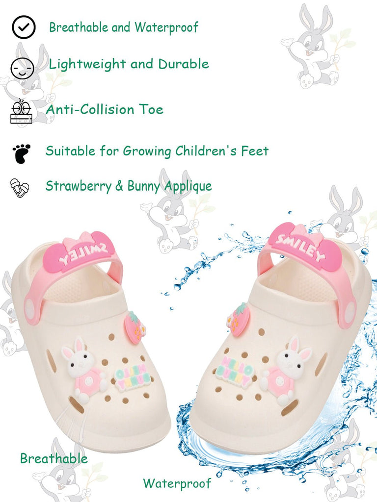 Beige bunny motif clogs highlighting breathable design and protective features