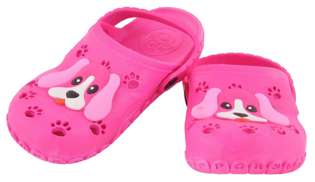 Girls' Pink Rubber Clogs with Puppy Face, Full Pair View