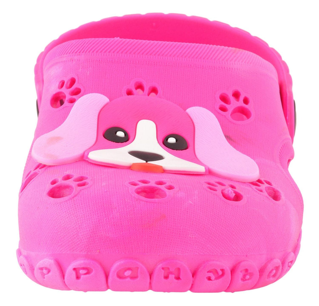 Girls' Pink Rubber Clogs with Puppy Face, Close-Up View