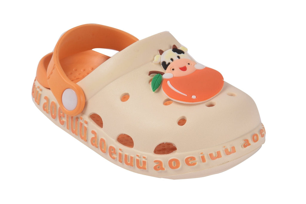Beige garden sandal for kids featuring a cow design, orange accents, and breathable holes.