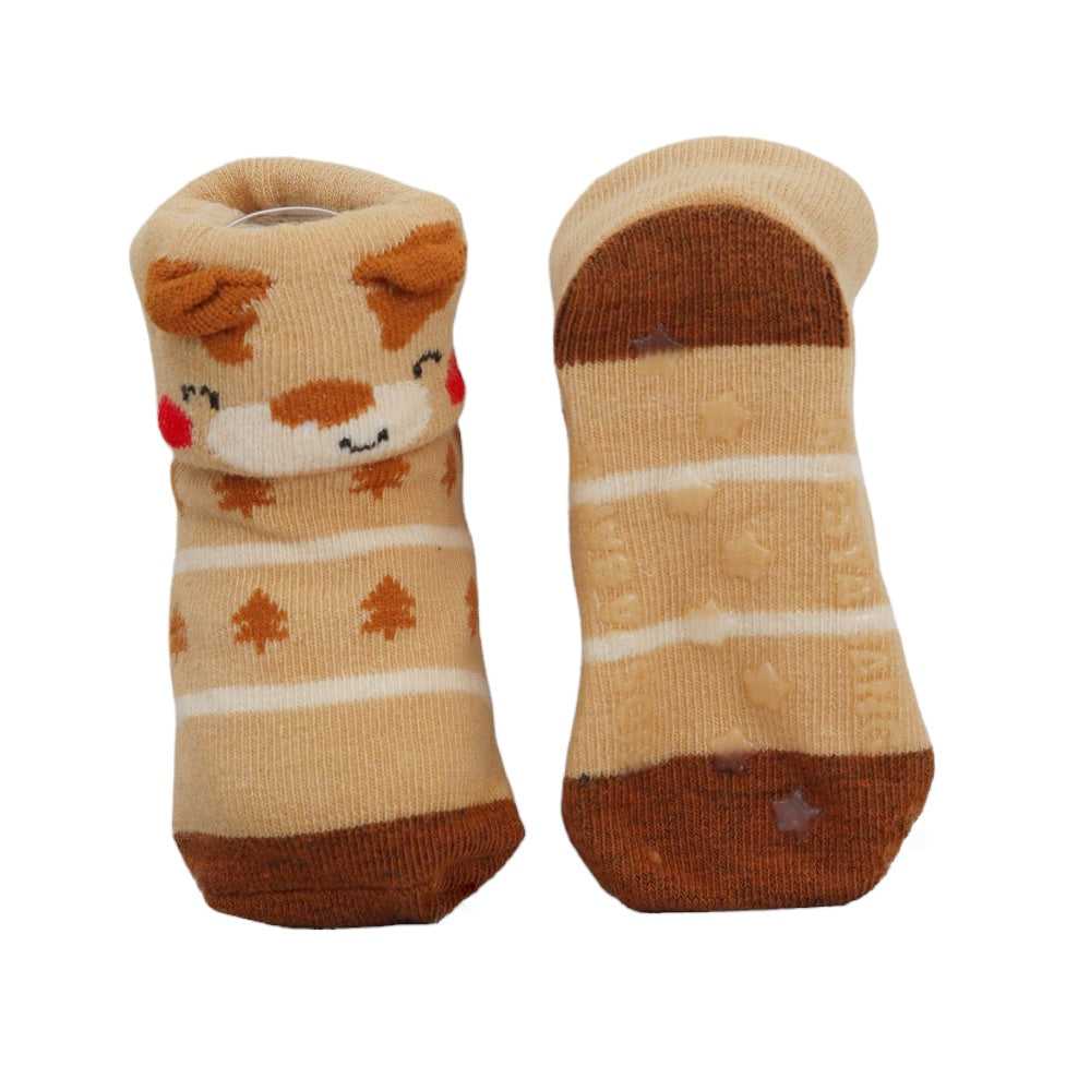 Cream monkey design baby boys' anti-skid socks.