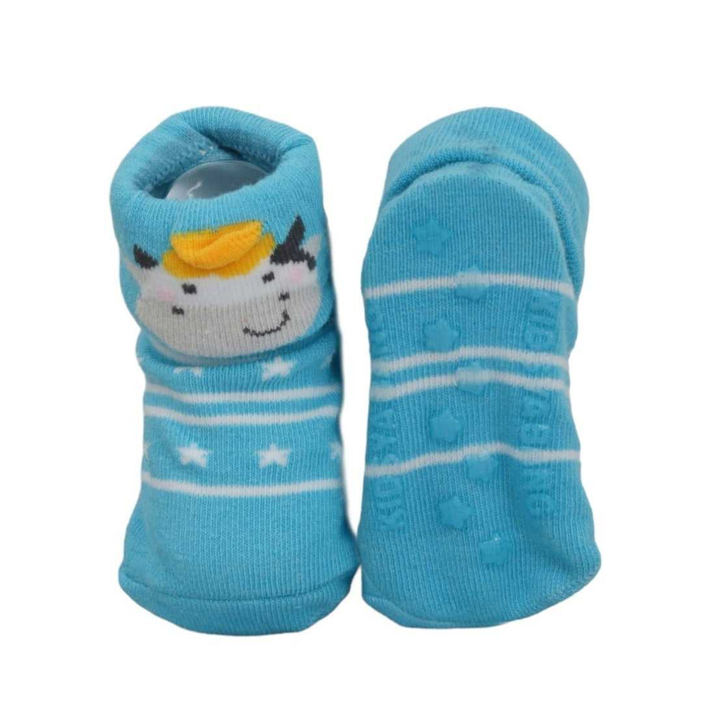 Blue striped cat face anti-skid socks for baby boys.