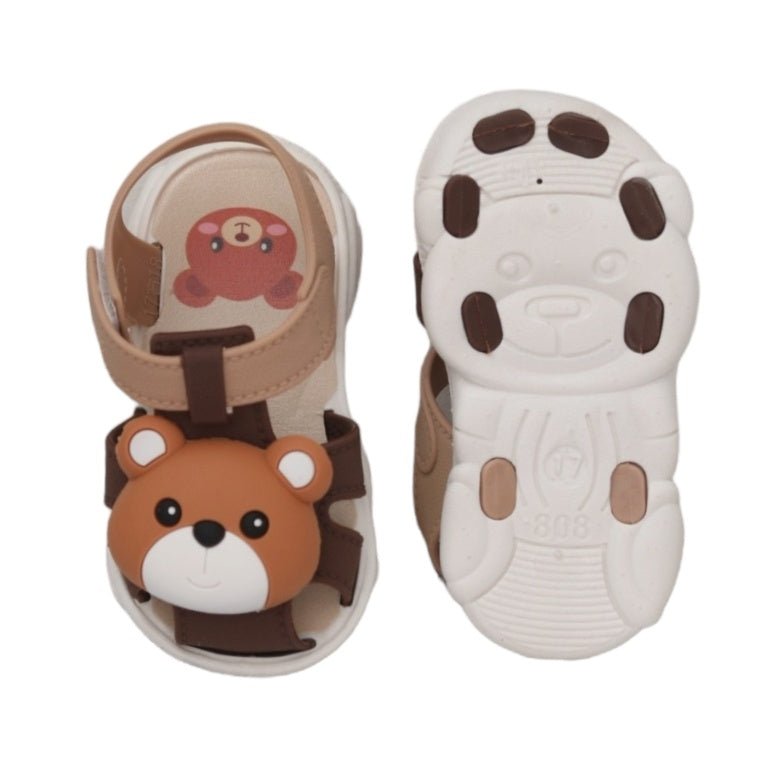 Top-down view of the cute bear sandals in brown, perfect for little adventurers.