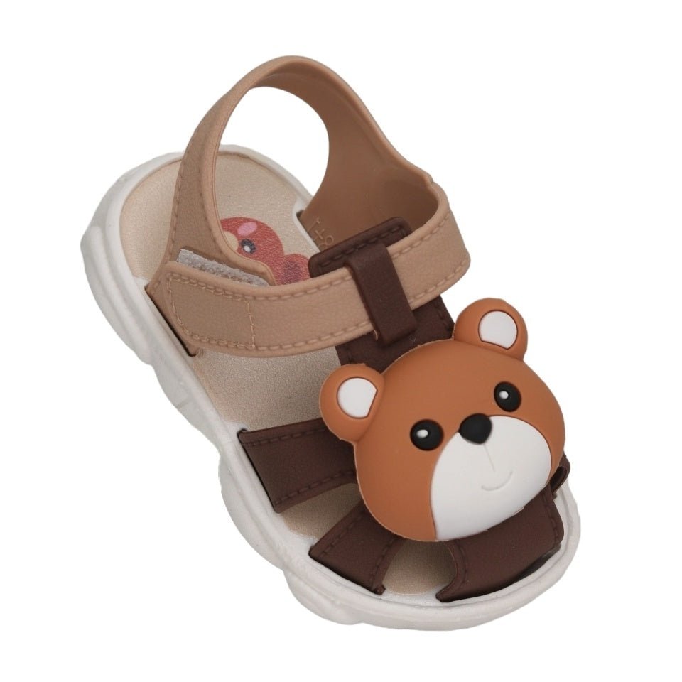 Side view of brown bear-themed sandals for children with comfortable cushioning.