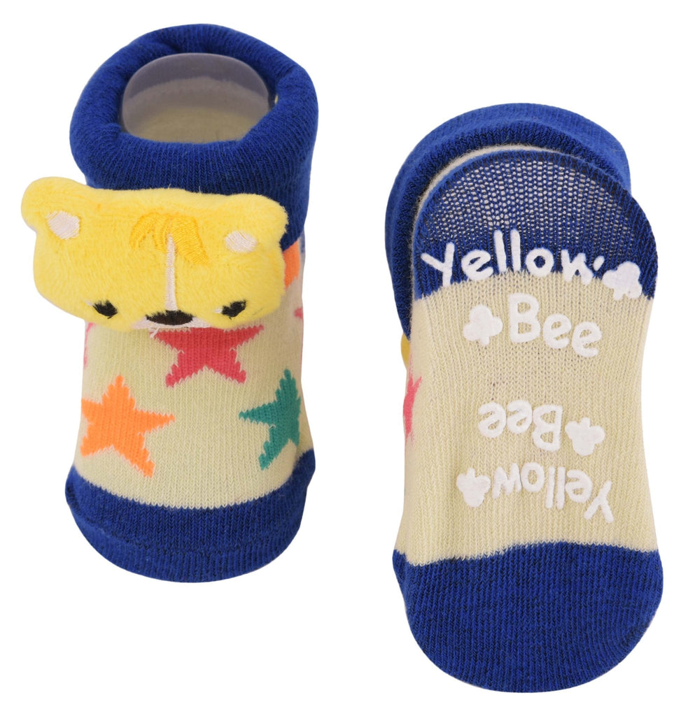 Yellow bear plush toy socks with 'Yellow Bee' lettering and anti-slip soles.