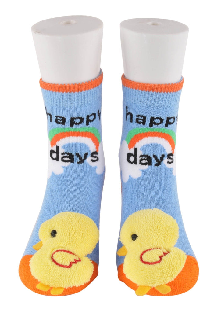 Cute blue children's socks with doll face plush toy on toe.