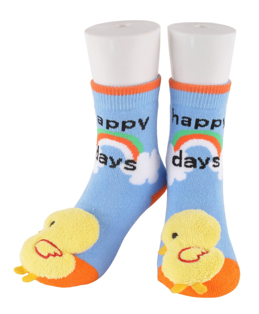 Playful kids' socks with polka dots and attached doll toy in blue.