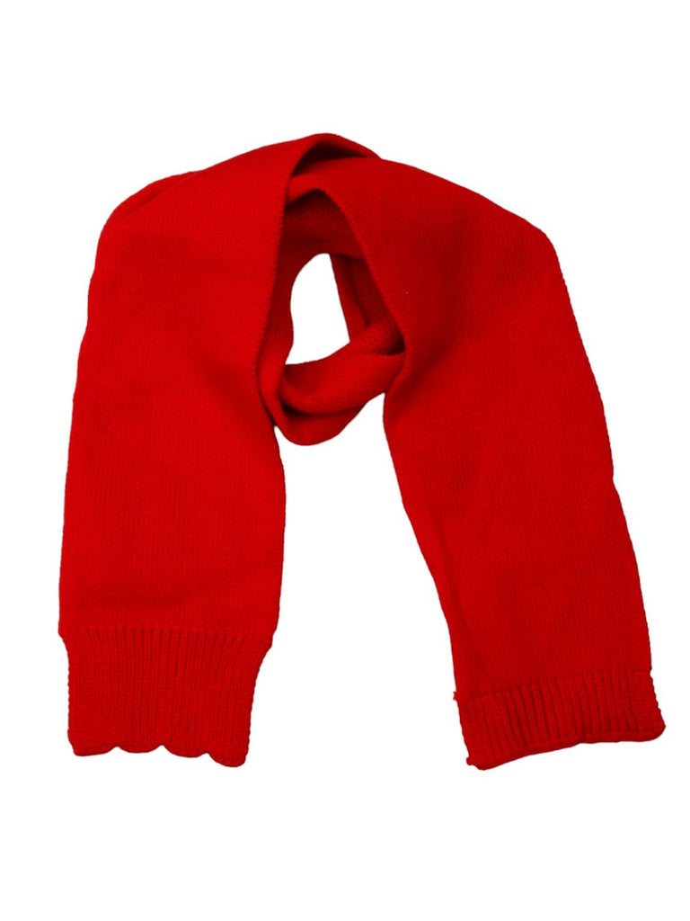 Back view of a girl's red knitted wool beanie with ties, suitable for toddlers.