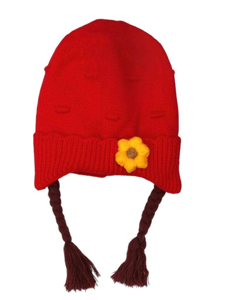 Top View of Girl's Red Wool Beanie with Yellow Flower Applique