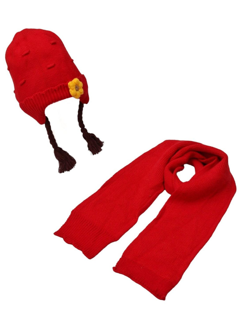 Red Knitted Wool Muffler for Girls with Ribbed Texture Laid Out
