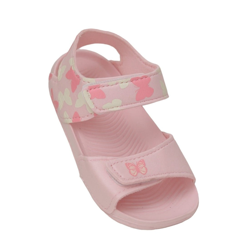 Light pink butterfly print sandals with secure Velcro straps for toddlers