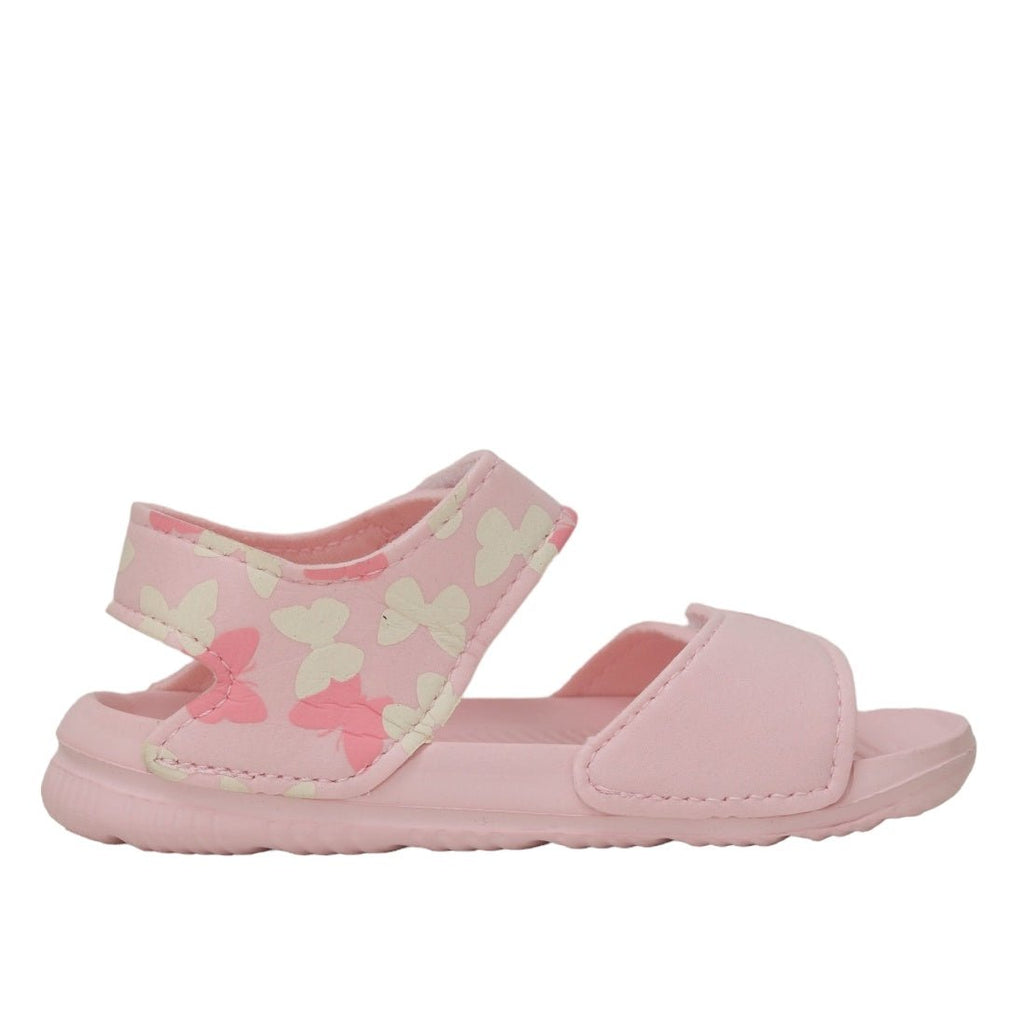Angled view of the comfortable fit of toddler butterfly print sandals