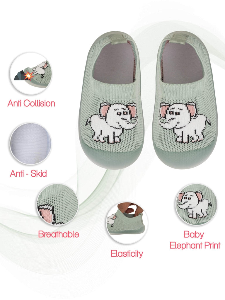 Green Elephant Sock Shoes by Yellow Bee with anti-skid, breathability, and elasticity features
