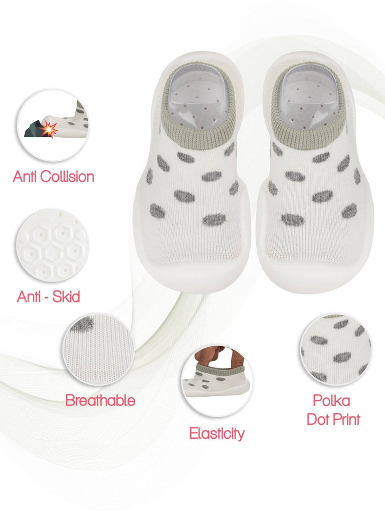 Yellow Bee white shoe socks with grey polka dot print and multiple features including anti-skid and breathability