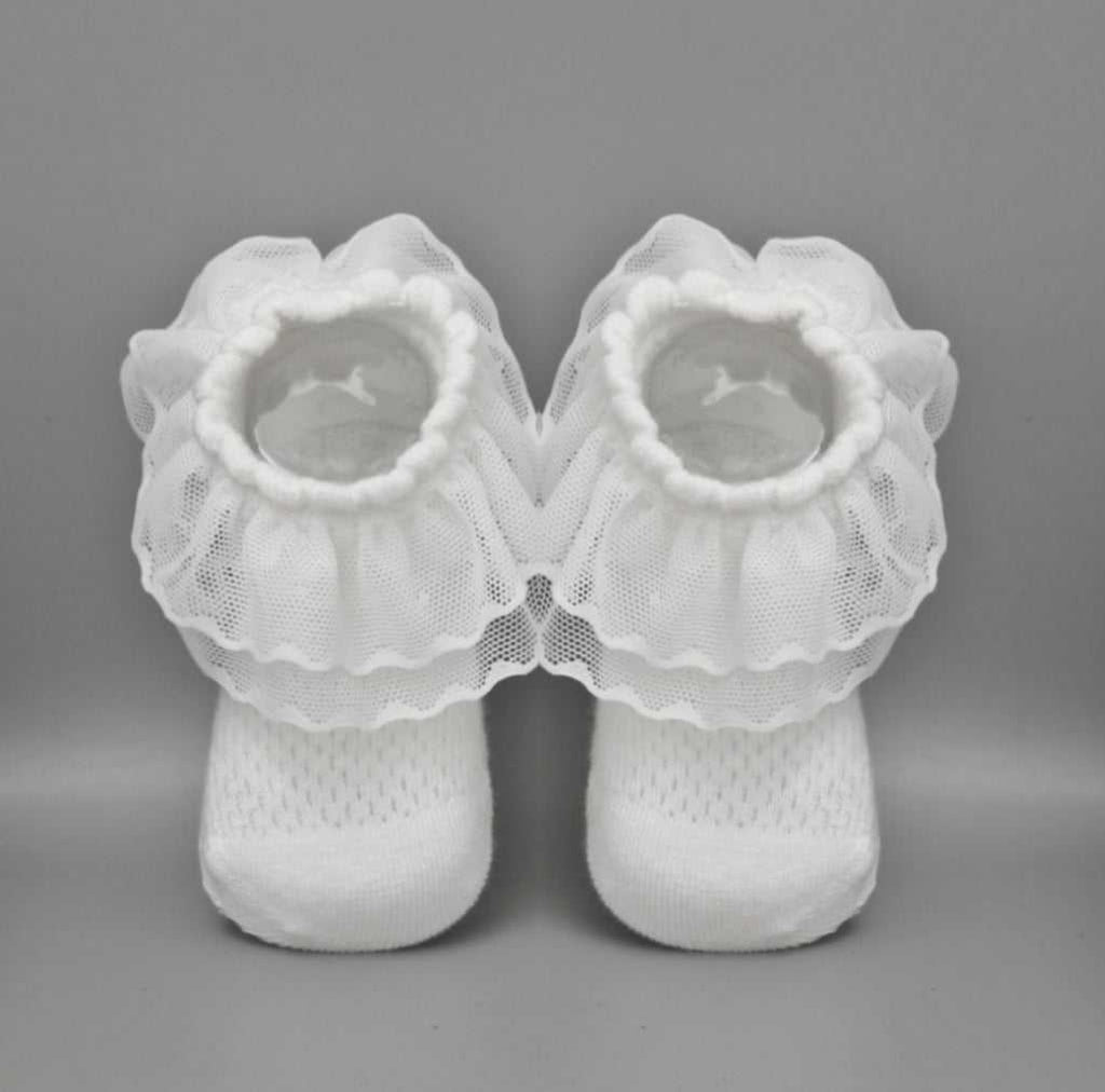 Close-up of White Baby Girl Lace Frill Socks with Soft Cotton Texture