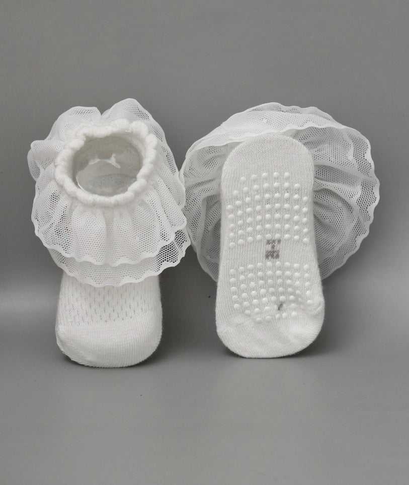 White Baby Girl Socks with Lace Frill and Anti-Skid Soles