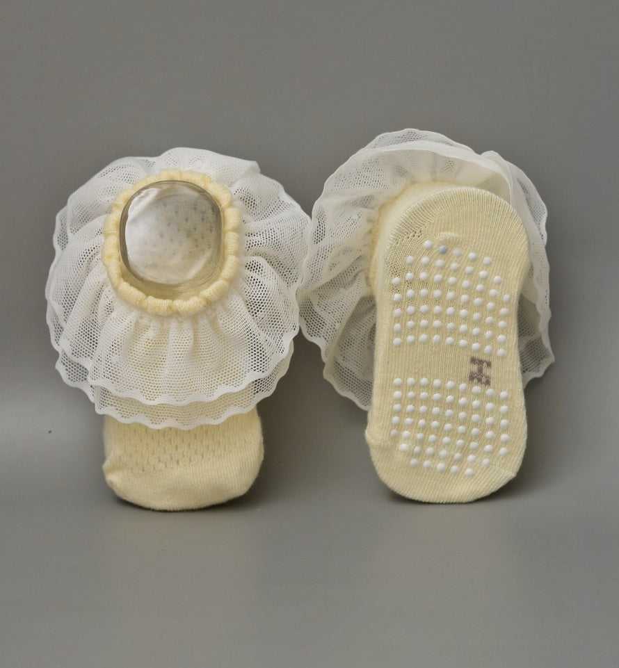 Yellow and White Baby Girl Lace Frill Socks with Anti-Skid Bottoms