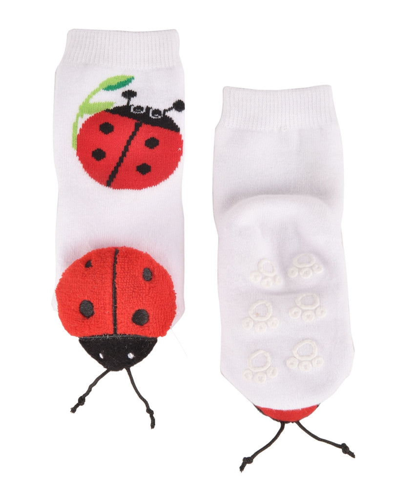 Toddler's white ladybug stuffed toy socks with red and black design