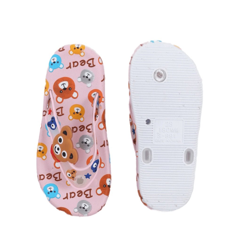 Top and bottom view of pink kids' flip flops with bear print, showcasing the non-slip sole.